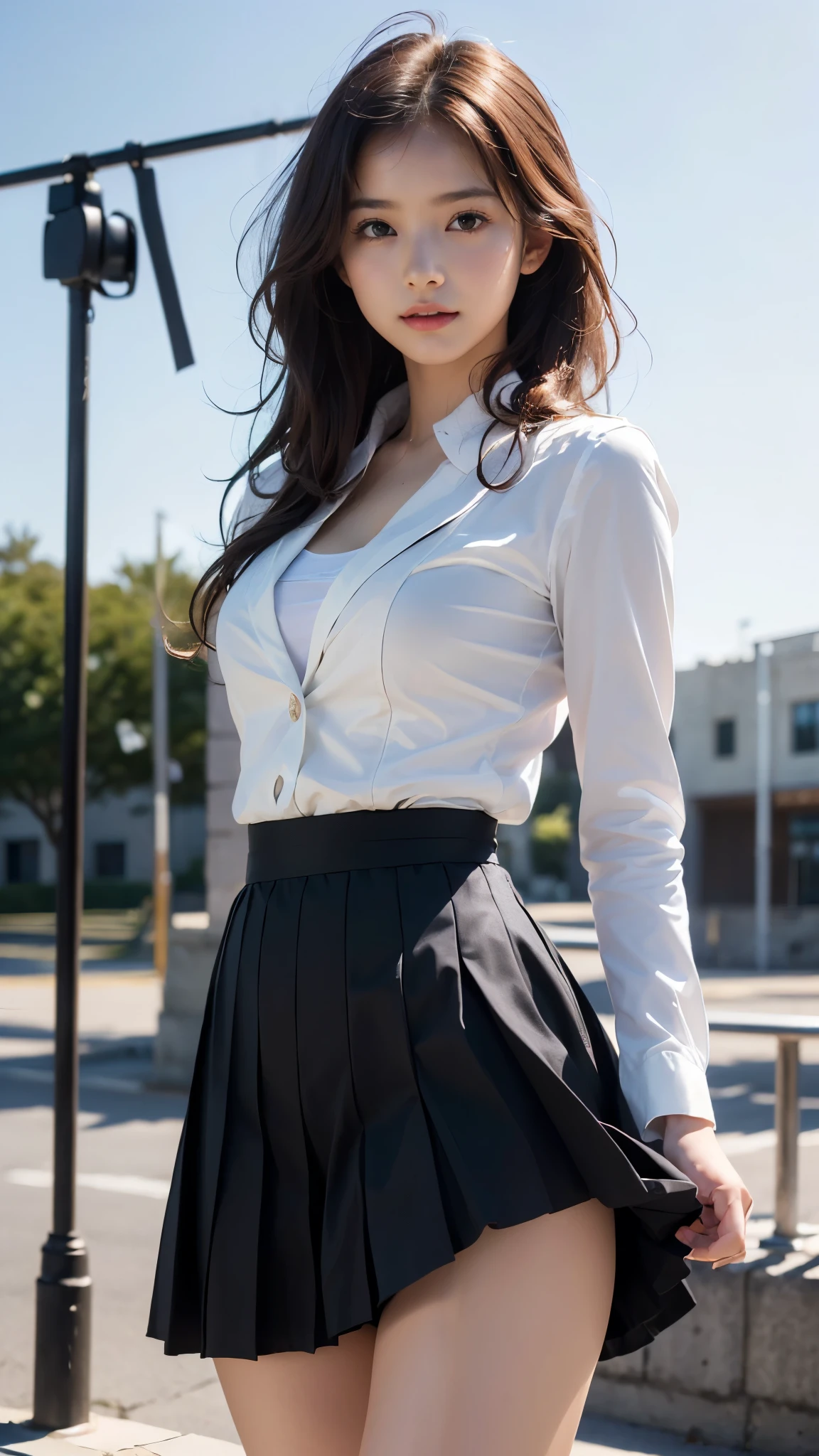 high school girl, (:1.5), (8-Head Beautiful Girl:1.3), (whole body), (Slender body line;1.2), (Wavy medium hair:1.5), (Strong winds from below:1.3), ((The wind blows her long skirt up beautifully, exposing her crotch.:1.5)), (Black pleated skirt), (Grey blazer), (Detailed eyes and face:1.2), (Moisturized and alluring lips:1.3), (high nose:1.3), (Sexy ass:1.3), (Anatomically correct small hands:1.3), (Detailed skin texture), (Professional Lighting), (Accurate Shadows:1.2), (Photorealistic:1.4), (((Highest quality, Ultra high definition, Masterpiece))), (looking at the camera:1.4), (Show a cunning look:1.3), (blush:1.3)