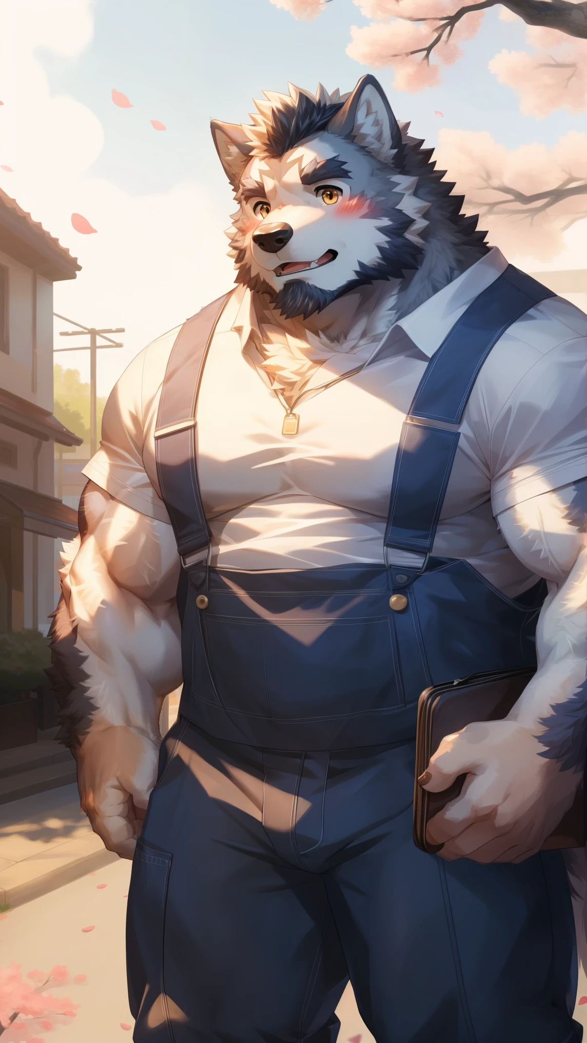 Solitary, anthropology, hairy, hairy male, Wolf, ((Fluffy fur, Fluffy, hairy body)), (Wolf印), (short beard), youth, Gray body, White belly, muscular, White, Big muscles, Golden pupils, Tail, deTailed teeth, deTailed face, Fundos,((Open it) Gray shirt), Black overalls, holding a briefcase, A hand holds forward a letter, deTailed Fluffy fur, deTailed face, Street Corner, look up to the sky, majestic, barbarous, Shy, Blushing, Strong, Cherry tree, Cherry blossom petals fall on shoulders, (through empty ghost, From wolf21, masterpiece, high quality, high resolution,8k), permanent,Close-up portraits, outdoor, Dynamic poses, Looking at the audience, Front view,