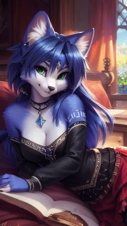 A beautiful and detailed (sweet portrait) von ((Krystal)), Sternenfuchs Krystal, Schlank, liebenswert, green eyes, medium breasts, (((hip-long blue hair 1.3))), ((schwarze haarspitzen)), Dekollete, Grinsen, hoch schauen,, anthro, Pelzig, Hochgeladen E621, detailed flauschige fur, (von Fluff-Kevlar, Bayard Wu, personalami, Pino Daeni), detailliertes Gesicht, (flauschige), 1 girl, Allein, auf einem bett liegend, alltagskleidung, heller pullover 1.3, schwarze hose, fernsehen