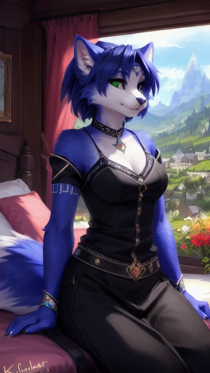 A beautiful and detailed (sweet portrait) von ((Krystal)), Sternenfuchs Krystal, Schlank, liebenswert, green eyes, medium breasts, (((Lange blaue Haare 1.3))),  ((schwarze haarspitzen)), Dekollete, Grinsen, hoch schauen,, anthro, Pelzig, Hochgeladen E621, detailed flauschige fur, (von Fluff-Kevlar, Bayard Wu, personalami, Pino Daeni), detailliertes Gesicht, (flauschige), 1 girl, Allein, auf einem bett liegend, alltagskleidung, heller pullover 1.3, schwarze hose, fernsehen