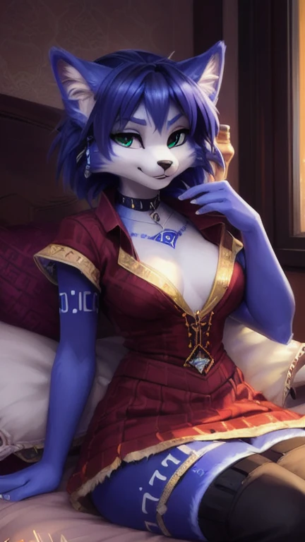 A beautiful and detailed (sweet portrait) von ((Krystal)), Sternenfuchs Krystal, Schlank, liebenswert, green eyes, medium breasts, (((Lange blaue Haare 1.3))), ((schwarze haarspitzen)), Dekollete, Grinsen, hoch schauen,, anthro, Pelzig, Hochgeladen E621, detailed flauschige fur, (von Fluff-Kevlar, Bayard Wu, personalami, Pino Daeni), detailliertes Gesicht, (flauschige), 1 girl, Allein, auf einem bett liegend, alltagskleidung, heller pullover 1.3, schwarze hose, fernsehen