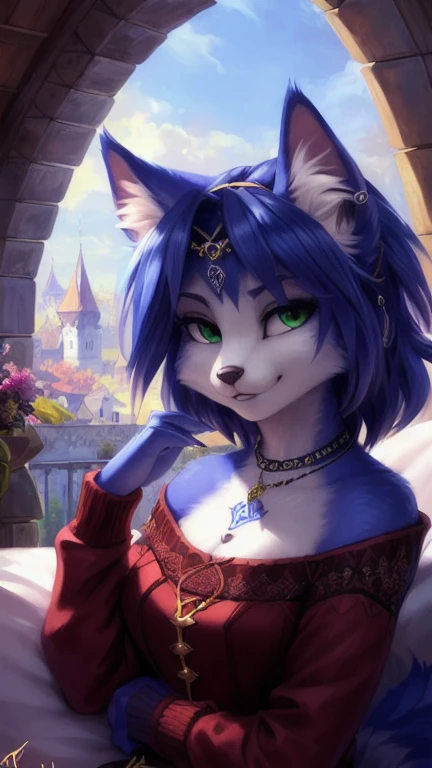 A beautiful and detailed (sweet portrait) von ((Krystal)), Sternenfuchs Krystal, Schlank, liebenswert, green eyes, medium breasts, (((Lange blaue Haare 1.3))), ((schwarze haarspitzen)), Dekollete, Grinsen, hoch schauen,, anthro, Pelzig, Hochgeladen E621, detailed flauschige fur, (von Fluff-Kevlar, Bayard Wu, personalami, Pino Daeni), detailliertes Gesicht, (flauschige), 1 girl, Allein, auf einem bett liegend, alltagskleidung, heller pullover 1.3, schwarze hose, fernsehen