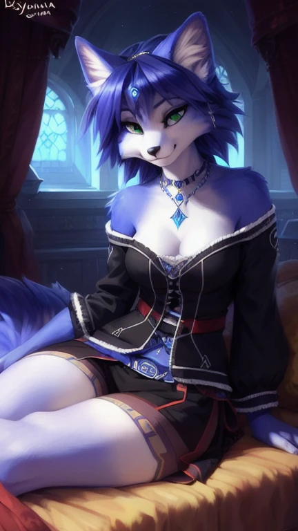 A beautiful and detailed (sweet portrait) von ((Krystal)), Sternenfuchs Krystal, Schlank, liebenswert, green eyes, medium breasts, (((Lange blaue Haare 1.3))), ((schwarze haarspitzen)), Dekollete, Grinsen, hoch schauen,, anthro, Pelzig, Hochgeladen E621, detailed flauschige fur, (von Fluff-Kevlar, Bayard Wu, personalami, Pino Daeni), detailliertes Gesicht, (flauschige), 1 girl, Allein, auf einem bett liegend, alltagskleidung, heller pullover 1.3, schwarze hose, fernsehen
