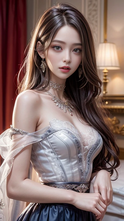 (highest quality, High resolution, Realistic:1.2), Dramatic lighting, Oil, Detailed skin texture, long flowing hair, Elegant pose, Bright colors, Fine brushwork, Portraiture, Realistic makeup, Strong gaze, Delicate features, Complex background, Professional illustrations、((Lace fabric 1.5)))、Small breasts 1.5、See-through dresses 1.4、、(mini skirt)、Tube top、Functional、Functional beauty、(((Ecstasy)))、