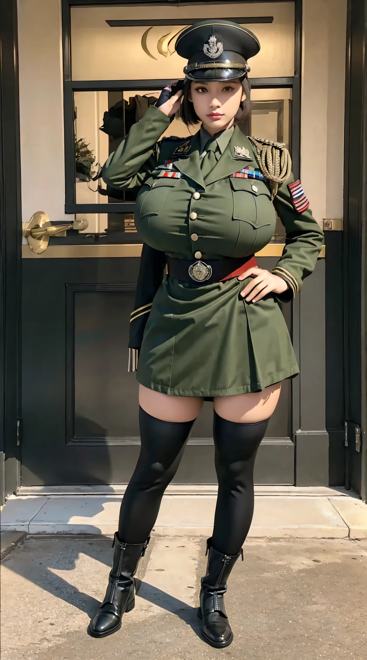 physically-based rendering, 1girl, Female soldier, (huge fake breasts:1.2), (street city), sexy muscular body, slim waist, big buttocks, (Full body:1.3), walking, skintight army skirt, (military uniform:1.3).