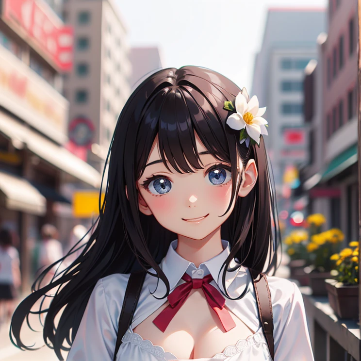 masterpiece, highest quality, One Girl, Thighs, beautiful girl, Flowers, たくさんの小さなflowerびら, flower、Small waist, RAWphotograph,Bright lighting、Face Light, Ultra-realistic, High resolution, photograph, Sharp focus, Highly detailed eyes and face,Symmetrical face, whole body、Large Breasts、Long Hair、チラリと見えるThighs、Emphasized cleavage、Her hair was tied with a big red ribbon.、White high heels、White short sleeve shirt、Brown's Best、Thin belt、White micro mini skirt、Embarrassed、smile、Happy smile、flower束を渡される、blue sky