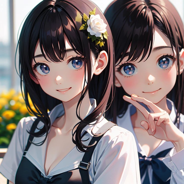 masterpiece, highest quality, One Girl, Thighs, beautiful girl, Flowers, たくさんの小さなflowerびら, flower、Small waist, RAWphotograph,Bright lighting、Face Light, Ultra-realistic, High resolution, photograph, Sharp focus, Highly detailed eyes and face,Symmetrical face, whole body、Large Breasts、Long Hair、チラリと見えるThighs、Emphasized cleavage、Her hair was tied with a big red ribbon.、White high heels、White short sleeve shirt、Brown's Best、Thin belt、White micro mini skirt、Embarrassed、smile、Happy smile、flower束を渡される、blue sky
