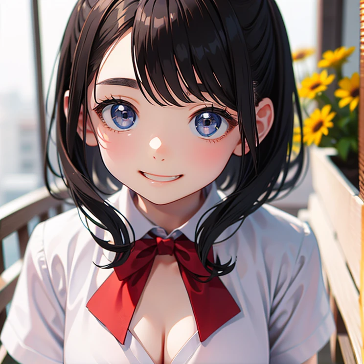 masterpiece, highest quality, One Girl, Thighs, beautiful girl, Flowers, たくさんの小さなflowerびら, flower、Small waist, RAWphotograph,Bright lighting、Face Light, Ultra-realistic, High resolution, photograph, Sharp focus, Highly detailed eyes and face,Symmetrical face, whole body、Large Breasts、Long Hair、チラリと見えるThighs、Emphasized cleavage、Her hair was tied with a big red ribbon.、White high heels、White short sleeve shirt、Brown's Best、Thin belt、White micro mini skirt、Embarrassed、smile、Happy smile、flower束を渡される、blue sky