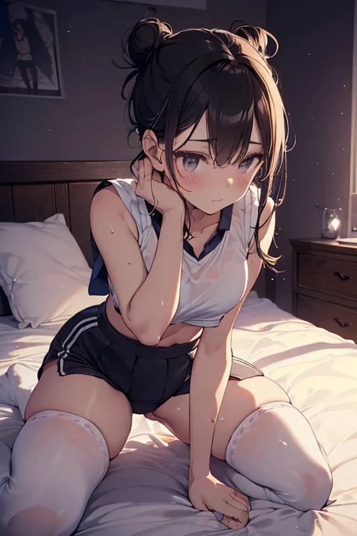 ((Hair Bun)), bed, bed room, (Sit on the bed), (((((night))))), (((((Dark Room))))), age Girl, One Girl, Thighs, (Wish), (Wet Skin), (Wet clothes), ((erotic)), ((Sensual)), (Background wall), (Simple Background), (Close-up of a girl), Beautiful detail body, Beautiful sparkle, Cinema Lighting, 4K Illustration, masterpiece, highest quality, top artists, By famous artists, By plo artist, (((Expressionless))), ((((Sports uniforms)))), (((Sports bras and bloomers))), (((Formal sports equipment))), (((Formal sports bloomers))), ((Realistic glossy skin texture)), ((Wet skin)), ((Glowing Skin)), (((Kneel))), (((Leaning forward))), (((Sculpture Pose))),