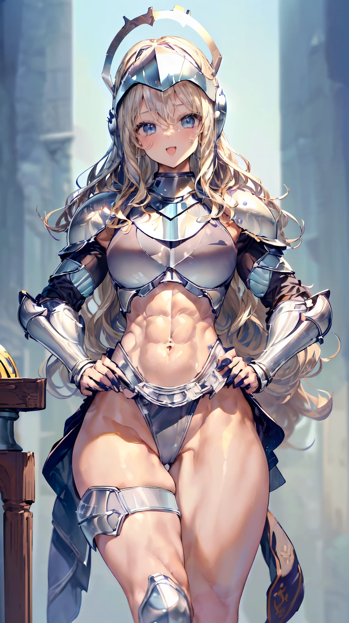 (Adult women:1.5)、Very detailed、highest quality、Best image quality、masterpiece、8k、Anime Face、A kind smile、(Open your mouth:1.5)、Sparkling blue eyes、(Blonde Wavy Hair:1.5)、、Muscles of the whole body、(High leg:1.5)、(Thigh belt:1.5)、(Wearing platinum bikini armor:1.5)、(Cowboy Shot:1.5)、(Leg armor:1.5)、(Wearing a helmet:1.5)、(Hands on hips:1.5)