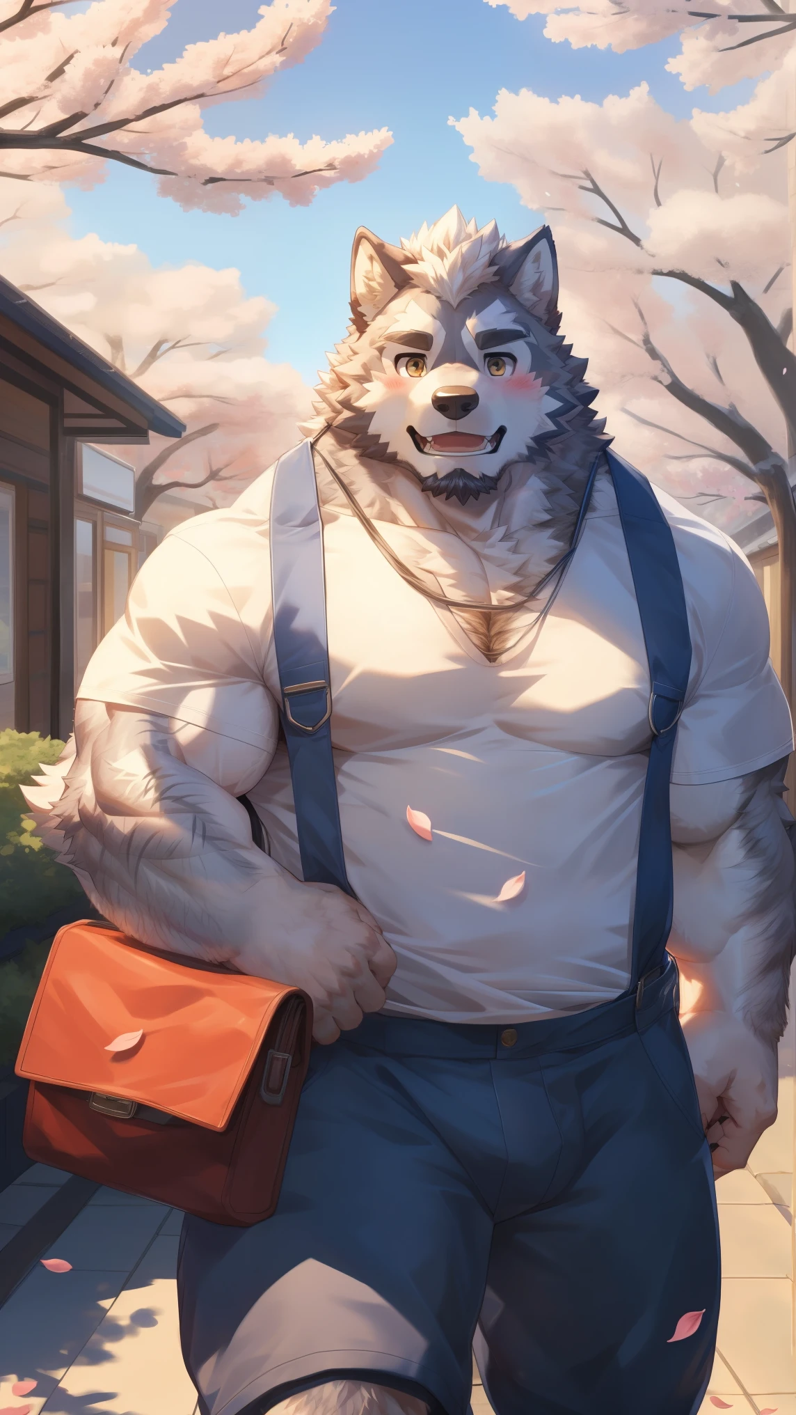 Solitary, anthropology, hairy, hairy male, Wolf, ((Fluffy fur, Fluffy, hairy body)), (Wolf印), (short beard), youth, Gray body, White belly, muscular, White, Big muscles, Golden pupils, Tail, deTailed teeth, deTailed face, Fundos,((Open it) Gray shirt), Black overalls, holding a briefcase, A hand holds forward a letter, deTailed Fluffy fur, deTailed face, Street Corner, look up to the sky, majestic, barbarous, Shy, Blushing, Strong, Cherry tree, Cherry blossom petals fall on shoulders, (through empty ghost, From wolf21, masterpiece, high quality, high resolution,8k), permanent,Close-up portraits, outdoor, Dynamic poses, Looking at the audience, Front view, 