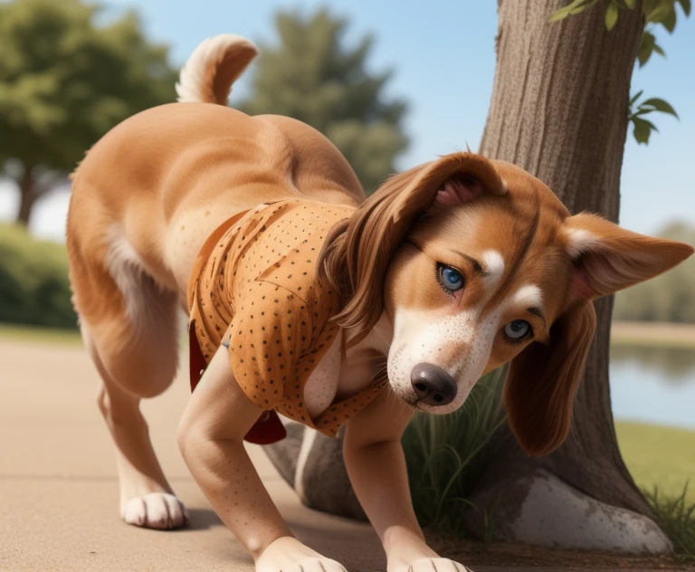 ((Woman wearing a shirt outside on the side walking on hands and knees)), ((walking on all four paws)), ((long dog tail)), ((wider hips)), ((woman reposition herself into dog stand)), ((hands turns into paws)), ((feet turns into paws)), detailed dog fur, ((woman with freckles)), brown freckles,(cute freckles), (small freckles), freckled, freckles!!!, (freckles), elegant freckles, (brown freckles), (with freckles), freckles on chicks, (dark noticeable freckles), (freckled face), (very brown freckles), (a lot of freckles), Lentigines, 30 year old woman, ((freckled nose)), ((freckled chest)), ((dog ears)), (dog fur growing), ((long dog nose)), blue eyes,  ((body reshapes into dog body)), ((anthro dog)), a brown and white dog standing next to a tree, inspired by Elke Vogelsang, zbrush central contest winner, furry art, sexy girl, on all fours, thicc, photorealistic perfect body