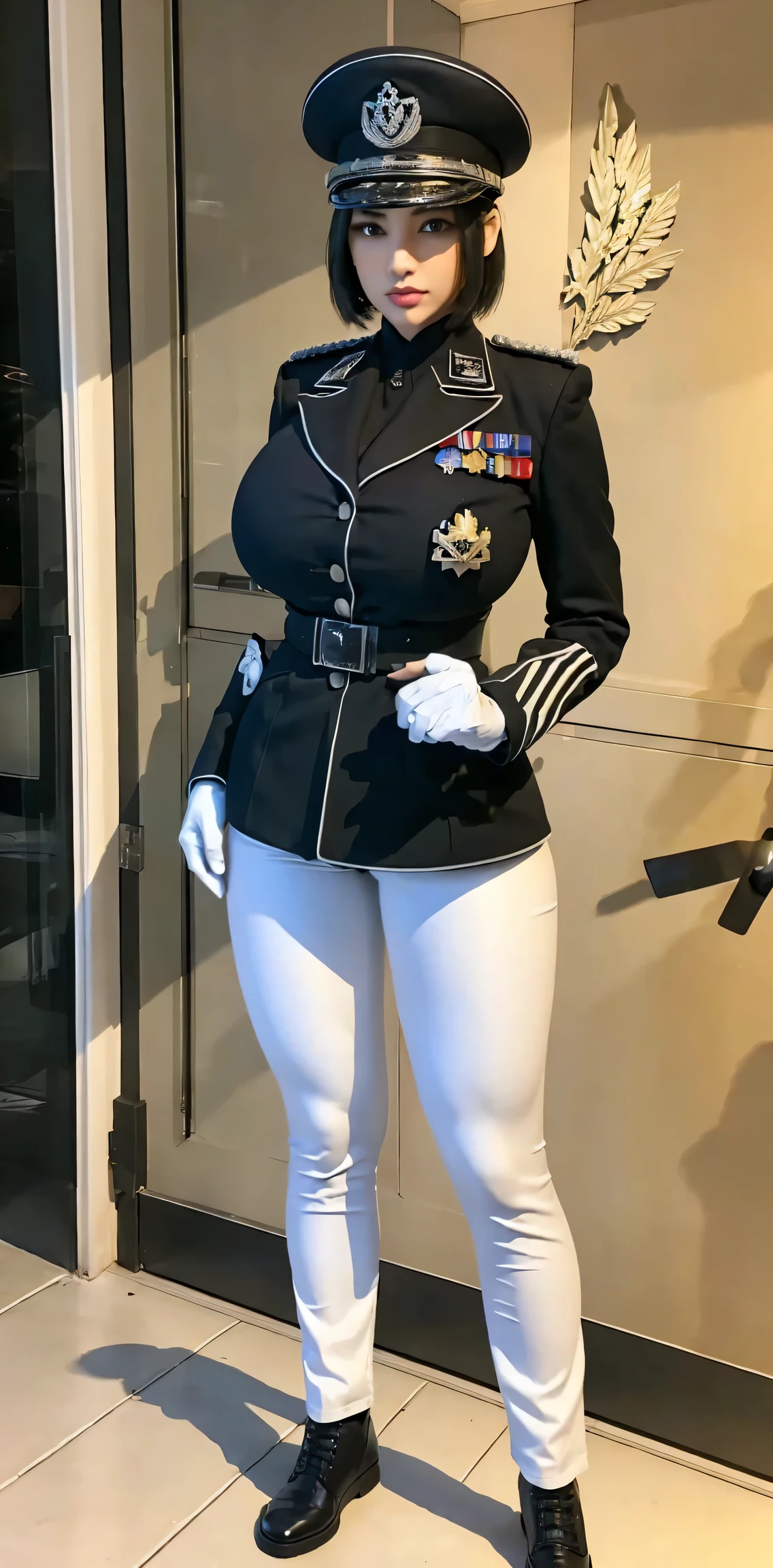 physically-based rendering, 1girl, Female soldier, (bob hair), (huge fake breasts:1.3), (street city), sexy muscular body, slim waist, big buttocks, (Full body:1.3), walking, skintight white army pants, (white military uniform).