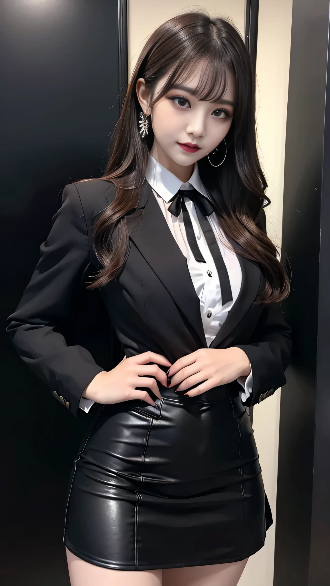 best quality、ultra-detailed、4k、Japanese、Seductive beauty、seductive adult woman、Pretty Woman、cool girl、Villainess、Brainwashed、brainwash、Fallen into evil、smirk、Evil look、Wicked Smile、evil、Brown hair、wavy hair、swept bangs、dark makeup、dark makeup、piercing eyes、hollow eyes,half-closed eyes、Hollow Eyes、purple Eyeshadow、black lipstick、black lipglos、suit、Jacket、Black Ribbon、White blouse、Tight Skirt、night、inside darkroom、Has a switch、Emblem of Evil、Crest of Darkness、Swear allegiance、I have pledged my allegiance、Dye black、Blackening、Stained with evil、Dyed in darkness、
