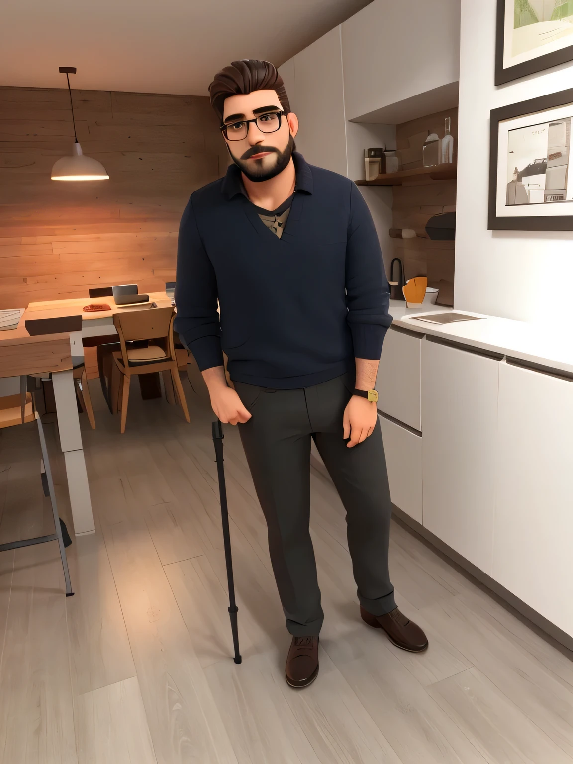 hombre con barba, gafas, apoyado en un baston.