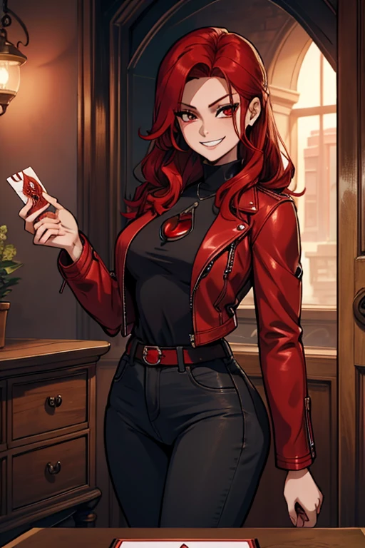A red haired woman with red eyes with an hourglass figure in a red leather jacket and jeans is grinning with a card in her hand