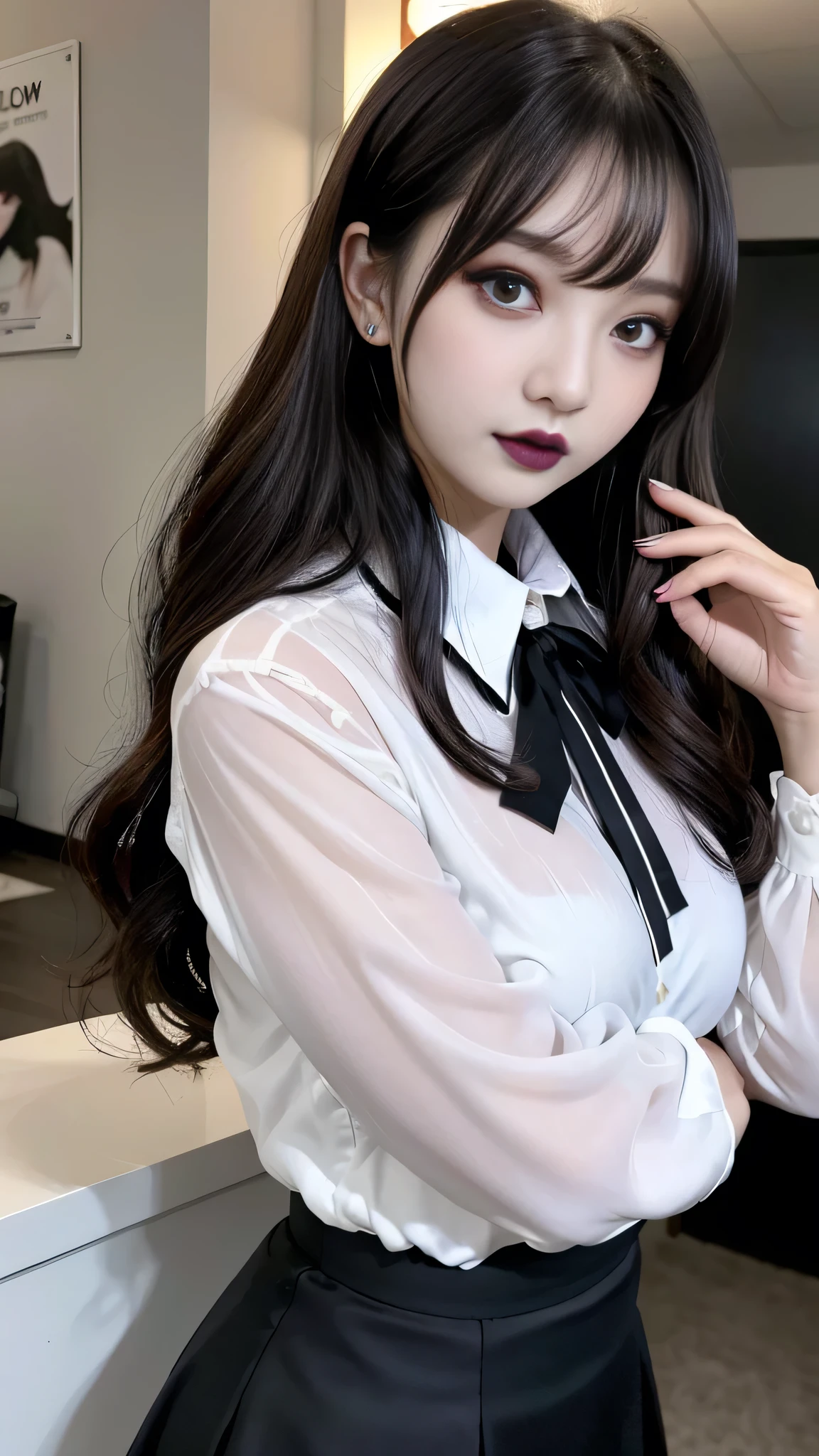 absurdres, RAW photo, extremely delicate and beautiful, masterpiece, Best Quality, ultra high resolution, 32k, hyperrealistic, ultra-detailed, perfect figure, Perfect Style, Perfect balance, in her 20s, very small head, very small face, delicate facial features, tearful mole, earring, ((very huge breasts)), ((full body shot)), medium hair, black hair, ((school_uniform)),