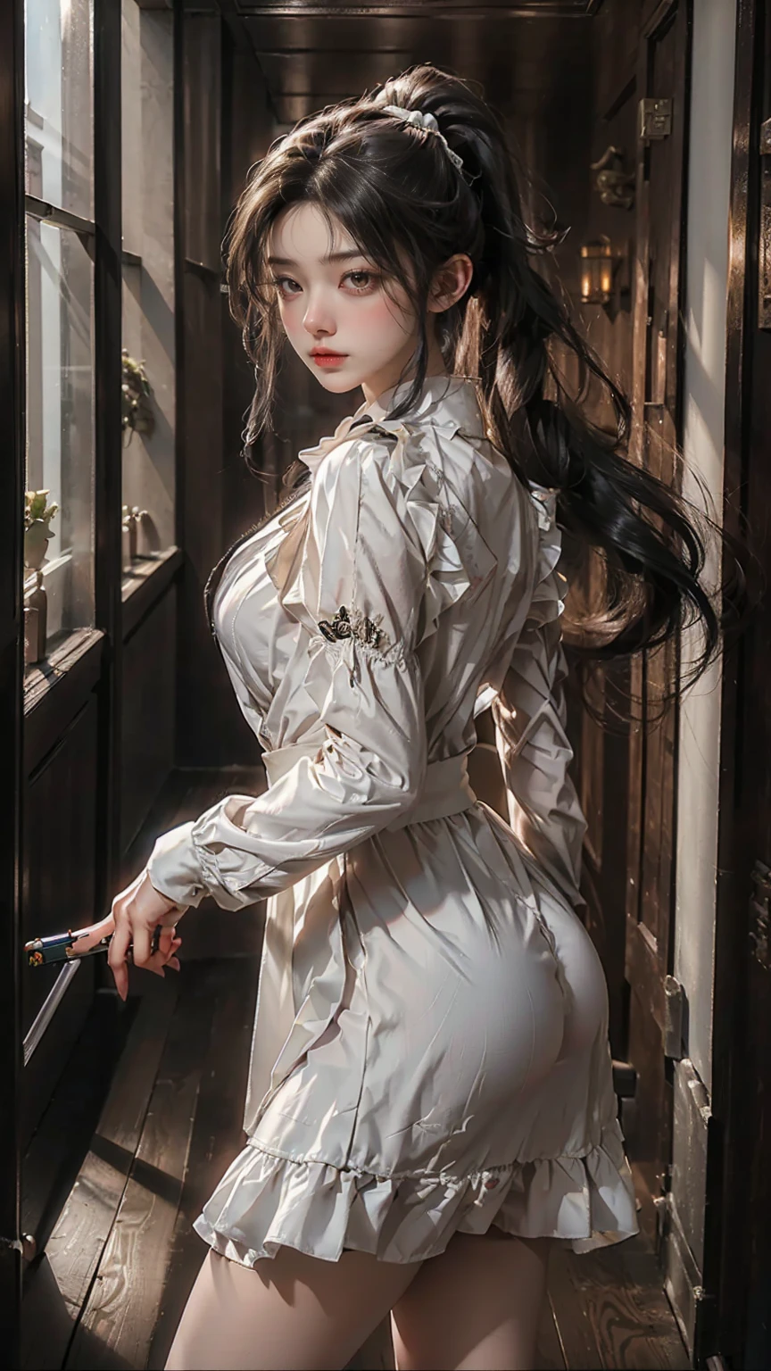 masterpiece、highest quality、High resolution、photorealistic、High resolution、Raw photo、(A maid standing in the hallway of a luxurious mansion)、((1girl、Young woman hiding in the corner of the hallway、detailed face and eyes、beautiful face、ponytail、shiny skin、realistic skin texture、wearing a maid costume、has a gun in hand、dynamic pose、long sleeve、 big breasts、big ass))、