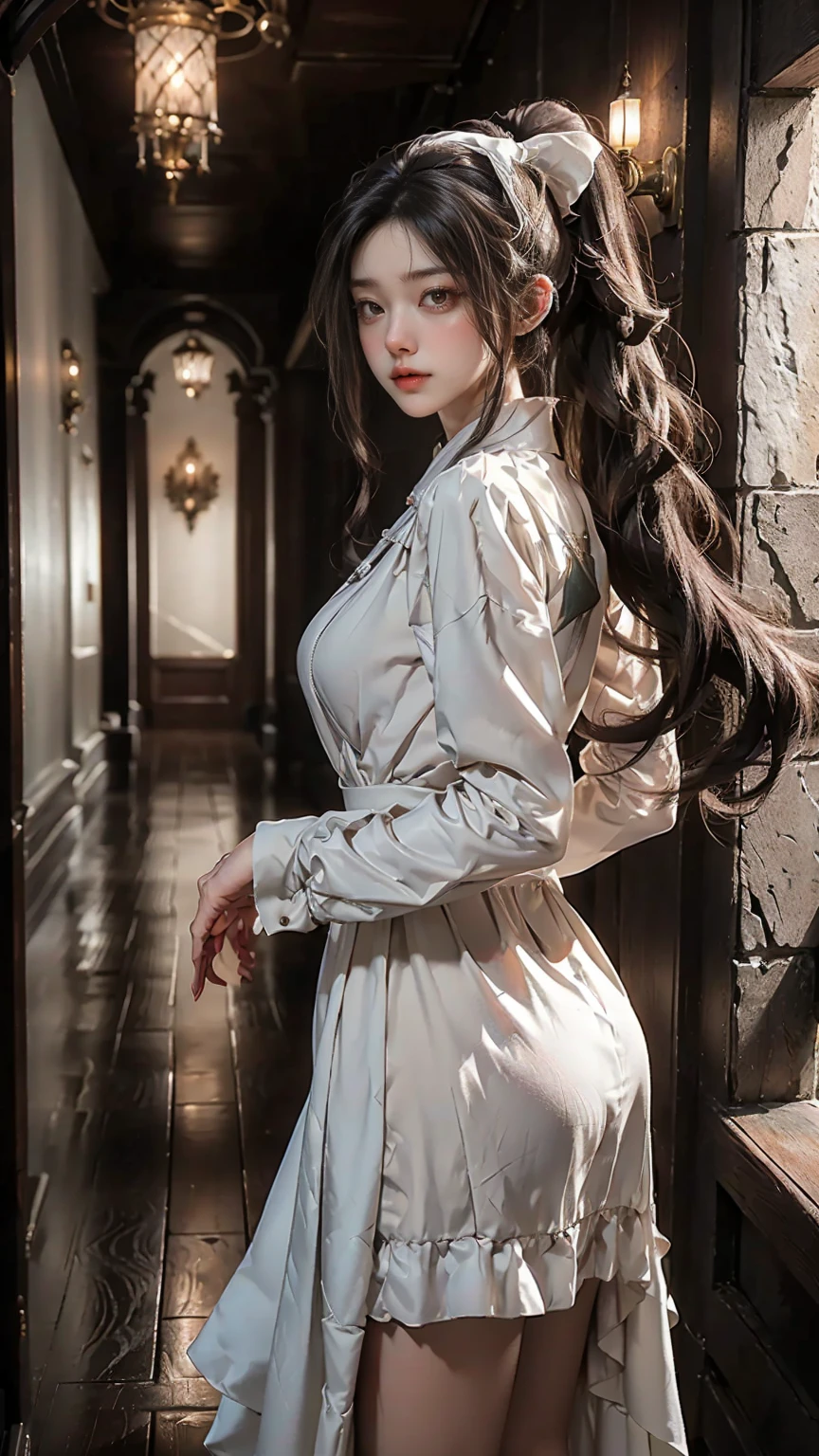 masterpiece、highest quality、High resolution、photorealistic、High resolution、Raw photo、(A maid standing in the hallway of a luxurious mansion)、((1girl、Young woman hiding in the corner of the hallway、detailed face and eyes、beautiful face、ponytail、shiny skin、realistic skin texture、wearing a maid costume、has a gun in hand、dynamic pose、long sleeve、 big breasts、big ass))、