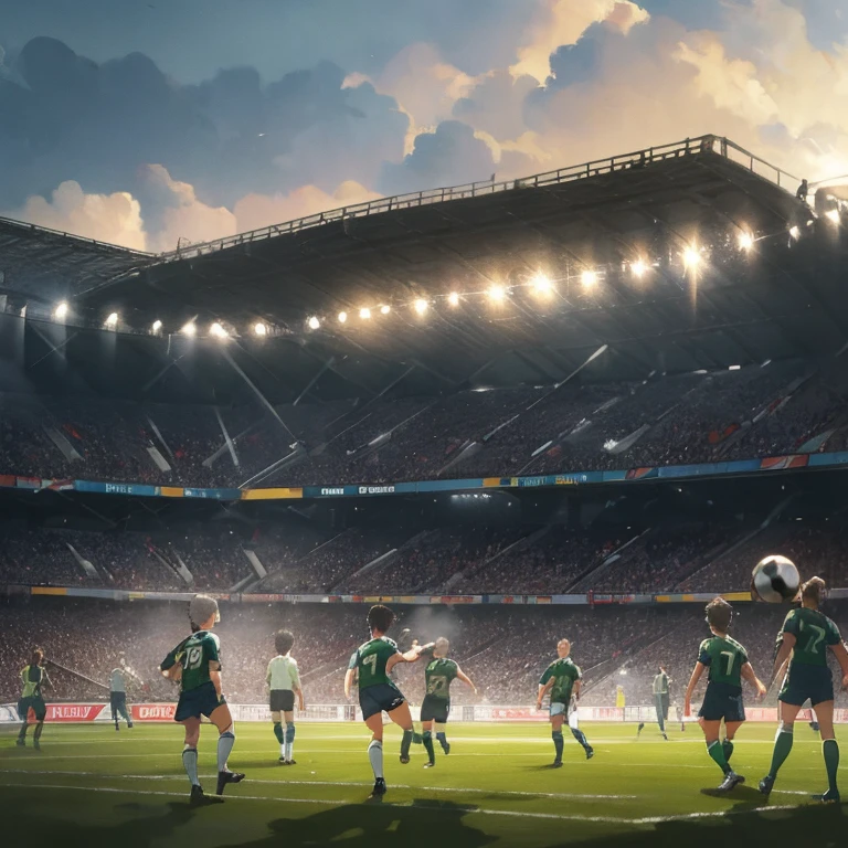 masterpiece, best quality, dynamic, tense soccer match, green field, three players, fiercely challenging for the ball, surrounded by teammates, embroiled in a dramatic atmosphere, Leon Gatys style, high resolution, realistic textures, intricately painted jerseys billowing in the wind, hyper-detailed players with expressive faces, sweat dripping from their brows, hyper-realistic lighting illuminating the scene from floodlights, dramatic shadows casting across the field, stadium setting with vivid crowds in the background.