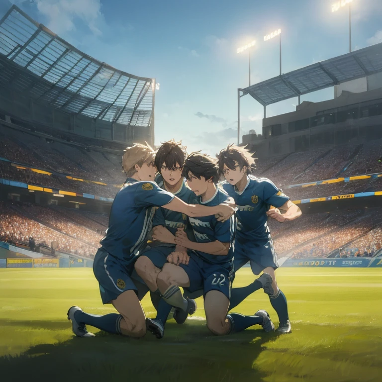 masterpiece, best quality, dynamic, tense soccer match, green field, three players, fiercely challenging for the ball, surrounded by teammates, embroiled in a dramatic atmosphere, Leon Gatys style, high resolution, realistic textures, intricately painted jerseys billowing in the wind, hyper-detailed players with expressive faces, sweat dripping from their brows, hyper-realistic lighting illuminating the scene from floodlights, dramatic shadows casting across the field, stadium setting with vivid crowds in the background.