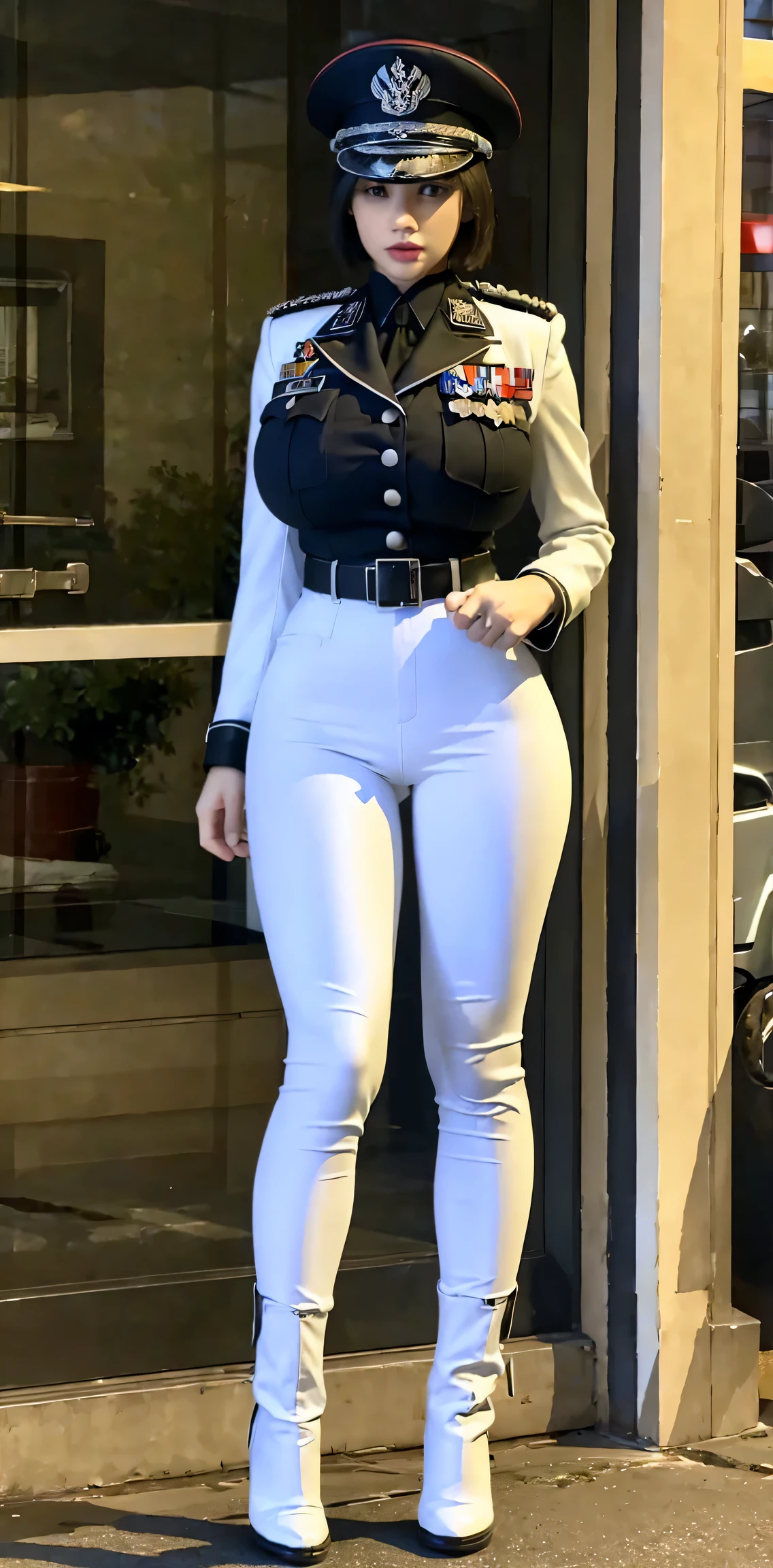 physically-based rendering, 1girl, Female soldier, (bob hair), (huge fake breasts:1.3), (street city), sexy muscular body, slim waist, big buttocks, (Full body:1.3), walking, skintight white army pants, (white military uniform), huge breasts