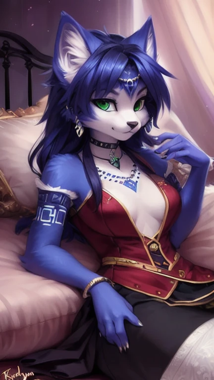A beautiful and detailed (sweet portrait) von ((Krystal)), Sternenfuchs Krystal, Schlank, liebenswert, green eyes, medium breasts, (((Lange blaue Haare 1.3))),  ((schwarze haarspitzen)), Dekollete, Grinsen, hoch schauen,, anthro, Pelzig, Hochgeladen E621, detailed flauschige fur, (von Fluff-Kevlar, Bayard Wu, personalami, Pino Daeni), detailliertes Gesicht, (flauschige), 1 girl, Allein, auf einem bett liegend, erotisch posierend, nackt