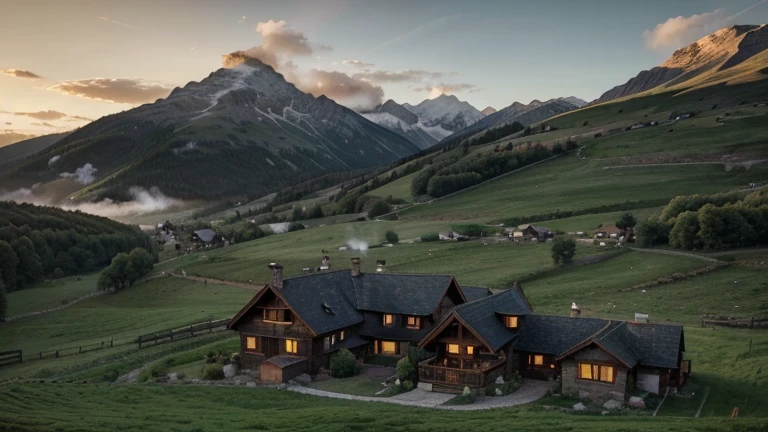 Create a picturesque view of the alpine homestead at sunrise, with the farmhouse nestled among the green fields and mountains. Show smoke gently rising from the chimney as the man's grandparents begin their day. Cinematic, 4k, anime style.