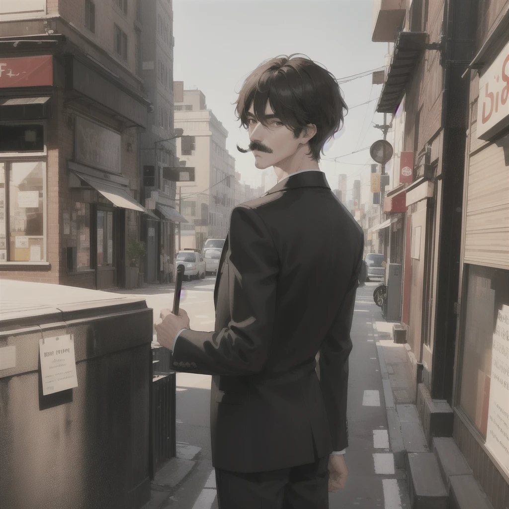 1boy, short black hair, brown eyes, black mustache, wearing all black suit, city, absurdres, high res, ultrasharp, 8K, masterpiece, looking at viewer from behind