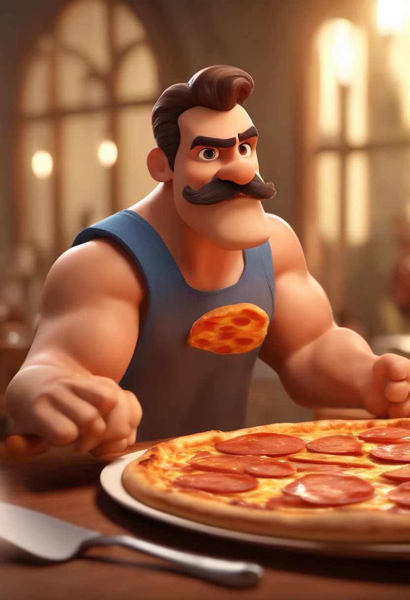 Cartoon character of a strong shirtless mustachioed man with one hand holding a pizza and the other flexing his biceps, avental de pizzaiolo , animation character, Caractere estilizado, animation style rendering, 3D estilizado, Arnold Maya rendering, Stylized 3D rendering, toon render screenshot, Personagem 3D, Personagem 3D, Stylized 3D rendering, 3D character rendering, personagem de desenho animado, Personagem de close up, Pose de personagem, (Estilo Pixar) (parte mestre:1.2) (Bokeh) (melhor qualidade) (pele detalhada) (textura detalhada) (8k) (argila) (cinematic lighting) (sharp focus
