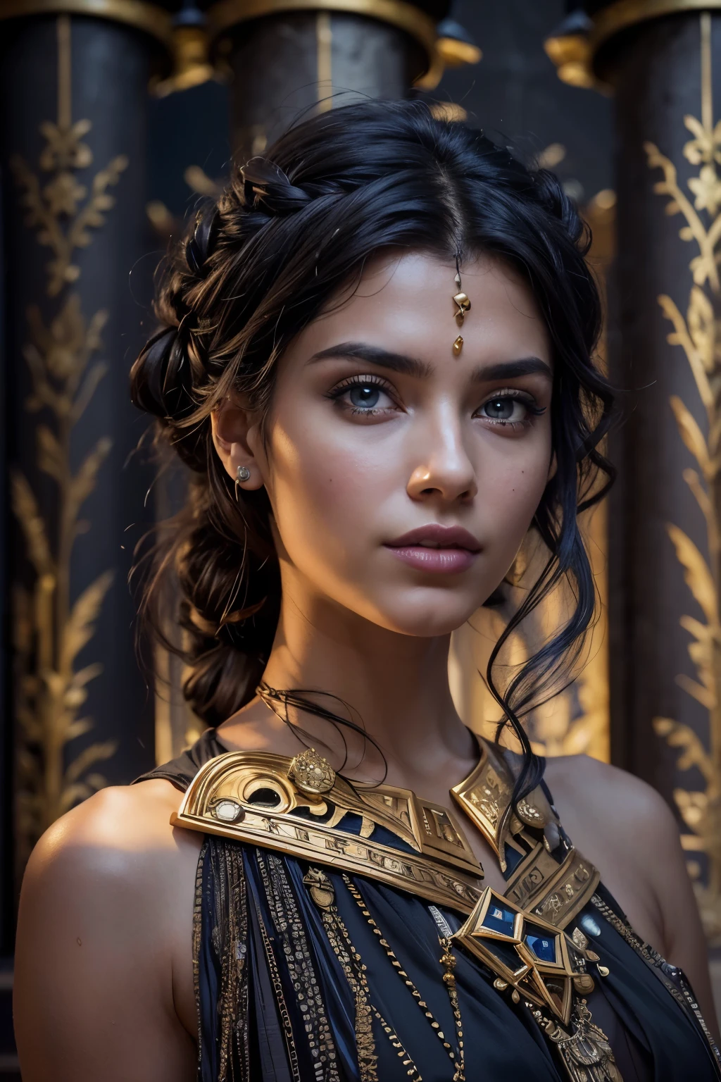 Greek goddess of witchcraft and magic, with ((black hair)) and ((dark eyes)), ((is very fair-skinned)), mysterious and cool beauty, wears a ((black)) greek toga with golden pattern, holding a torch, ancient greek temple and stary night sky in background, Greek mythology, mysterious, photorealistic, super high quality, super detail, ultra accurate description of hands, masterpiece, 8K, HDR