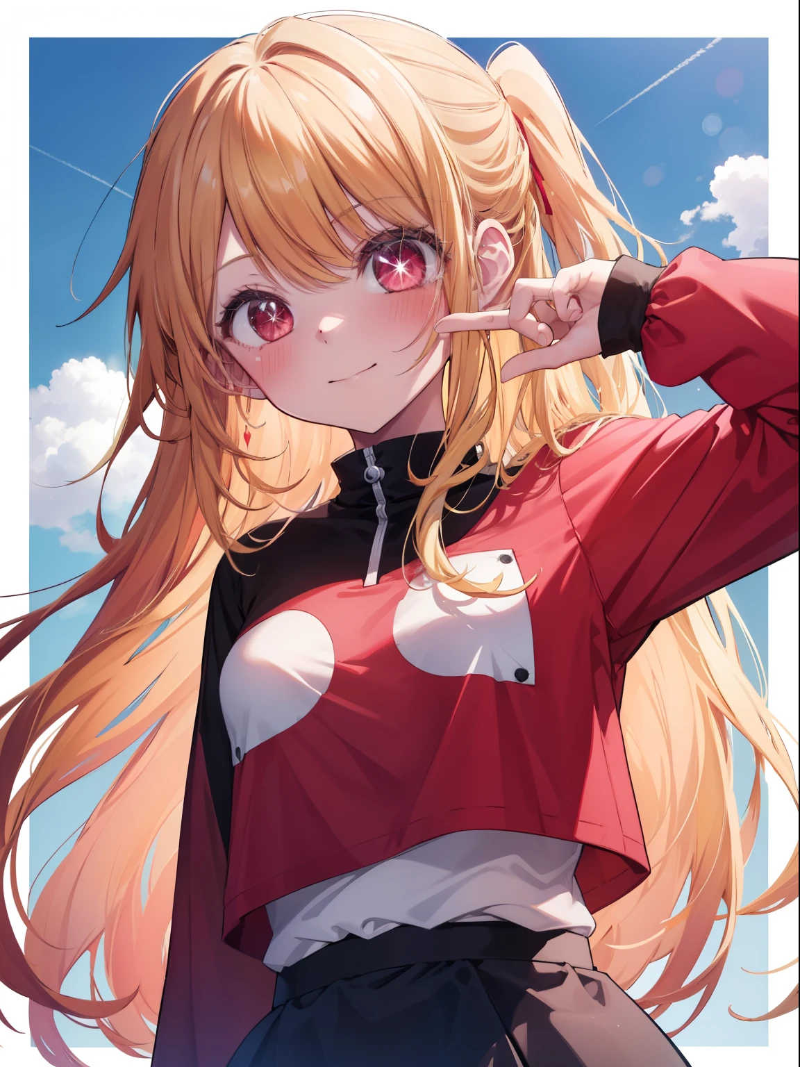 Hoshino Ruby、Good looking girl (Long blonde hair with square bangs, Big Red Eyes, One-eyed star,blush, Perfect Face), independent , looking at the camera, masterpiece, Anime art style, Cute Characters, Most detailed, high quality、Nico Nico Smile、Showing armpits、Blonde、Long Hair、Wearing cute clothes、blue sky