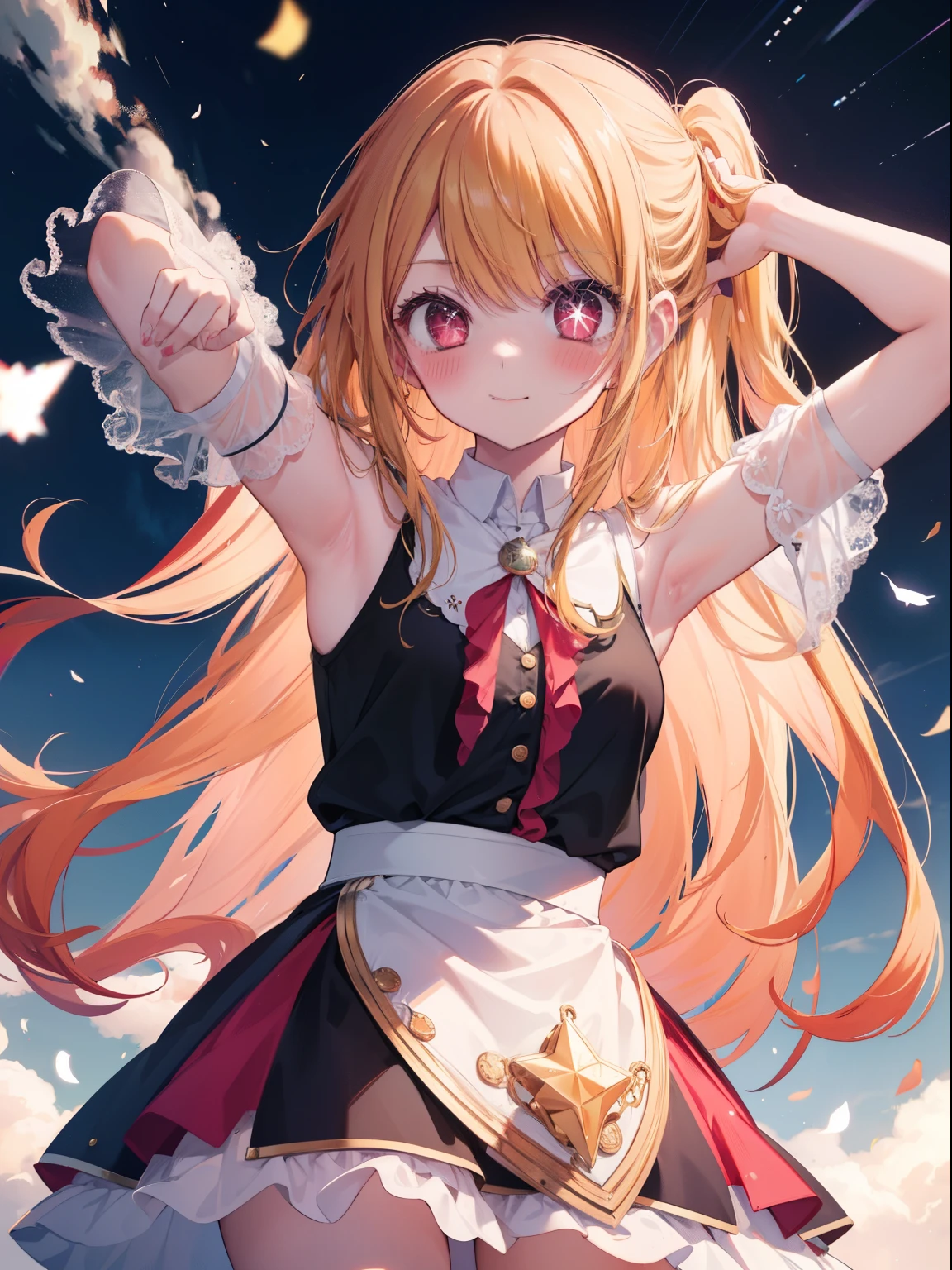 Hoshino Ruby、Good looking girl (Long blonde hair with square bangs, Big Red Eyes, One-eyed star,blush, Perfect Face), independent , looking at the camera, masterpiece, Anime art style, Cute Characters, Most detailed, high quality、Nico Nico Smile、Showing armpits、Blonde、Long Hair、Wearing cute clothes、blue sky
