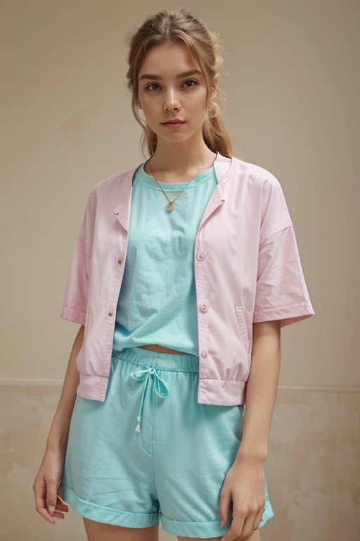 Image of a person with fair skin wearing pastel colored clothes