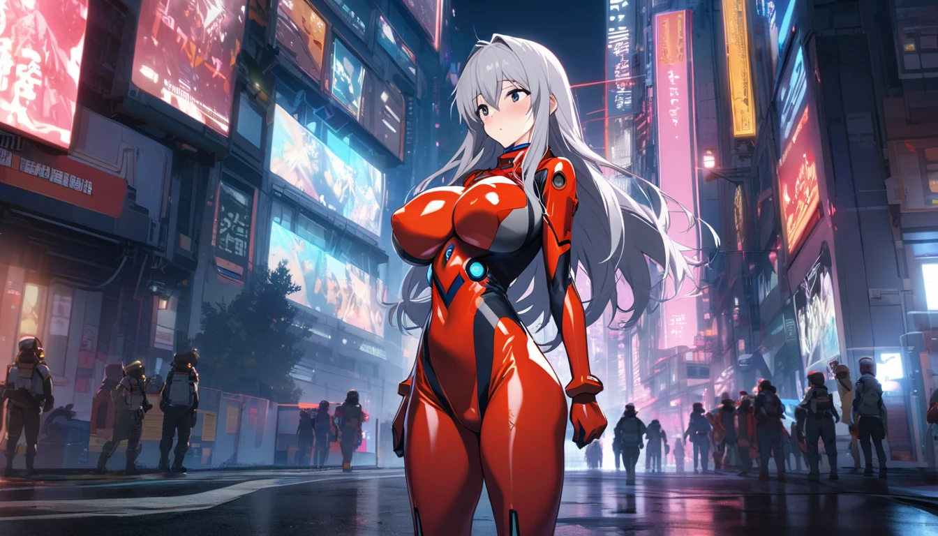 Evangelion plug-in suit male focus Nagisa Kaworu pilot suit big breasts breast enhancement white long hair shy standing alone in the sci-fi city full-body shot 