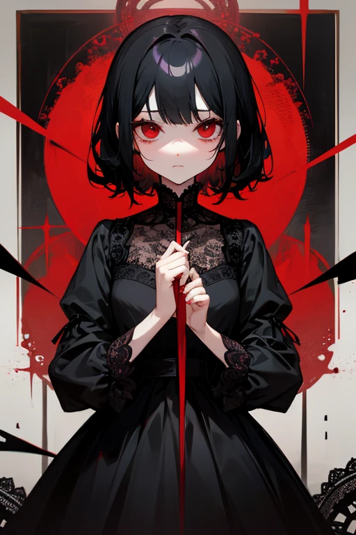 Black Hair、Red Eye、Black lace dress、cute、Expressionless、alone、Non-parallel、