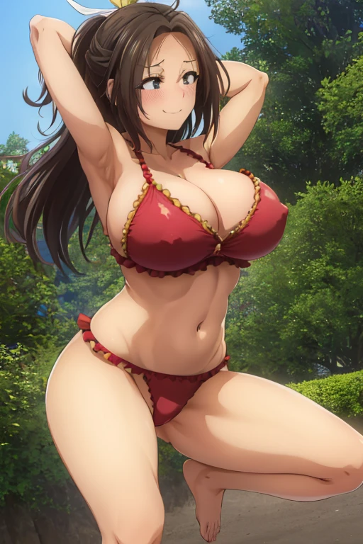 masterpiece, best quality, beautiful art, high resolution, well formed hands, body and fingers, 1 woman, solo, Hikari Hazakura, grown up, adult, big breasted, cleavage, full body, wearing a Mata Hari outfit, sexy arabian dancer attire, sexy and skimpy arabian belly dancer outfit, hair ornament, gorgeous legs and thighs, she is doing exercise, warming up, stretching her body, bouncing breasts, sexy and erotic training, working out, sweating, smiling joyfully and brightly, training montage session, beach environment