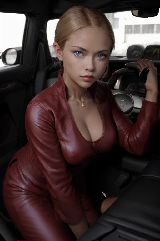 T3RMKL0K, a woman in her car, driving, blue eyed, cleavage, red leather