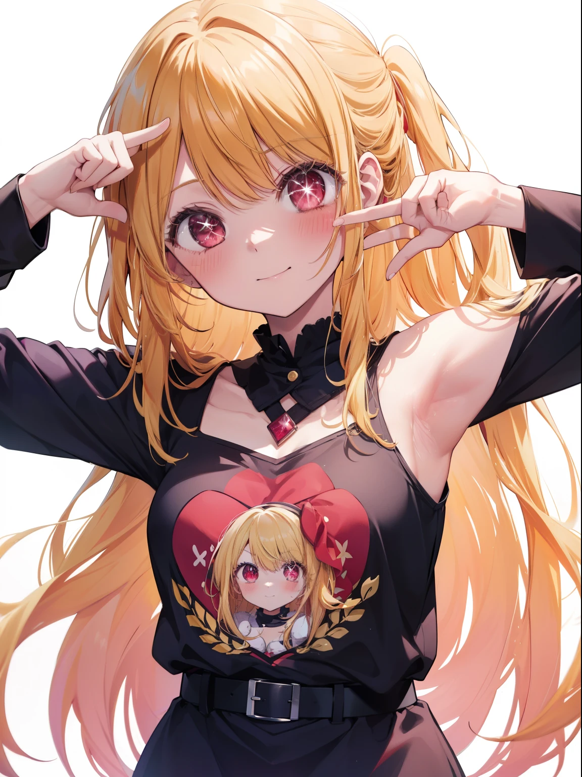 Hoshino Ruby、Good looking girl (Long blonde hair with square bangs, Big Red Eyes, One-eyed star,blush, Perfect Face), independent , looking at the camera, masterpiece, Anime art style, Cute Characters, Most detailed, high quality、Nico Nico Smile、Showing armpits、Blonde、Long Hair、Wearing cute clothes、blue sky