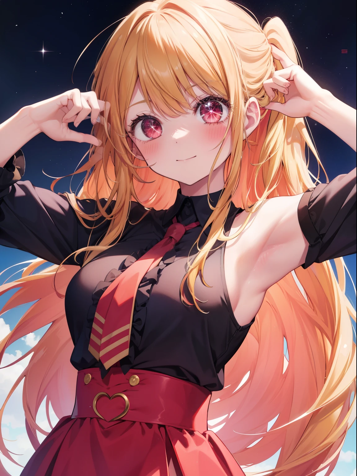 Hoshino Ruby、Good looking girl (Long blonde hair with square bangs, Big Red Eyes, One-eyed star,blush, Perfect Face), independent , looking at the camera, masterpiece, Anime art style, Cute Characters, Most detailed, high quality、Nico Nico Smile、Showing armpits、Blonde、Long Hair、Wearing cute clothes、blue sky