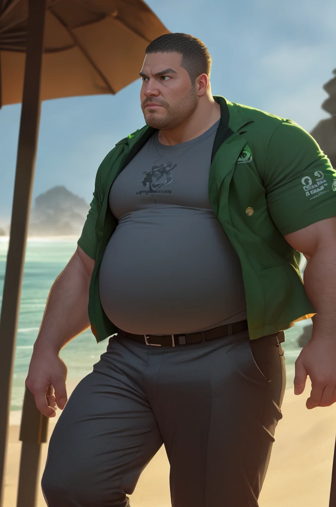 An award-winning original photo, 1 man, solo, ((41 year old)), George Pei, Chris Redfield, ((daddy)) weaing casual gray T-shirt inside, ( jacket with white and green print outside), (dark black trousers), muscular male, round face, bulge, little obese, tall and hunk, biceps, abs, chest, emotionless face, best quality, masterpiece, dynamic angle, beach in the background, detailed face, volumetric lighting, center focus, from below,(Best quality, A high resolution, Photorealistic), Cinematic lighting, Masterpiece, RAW photo, Intricate details, hdr,