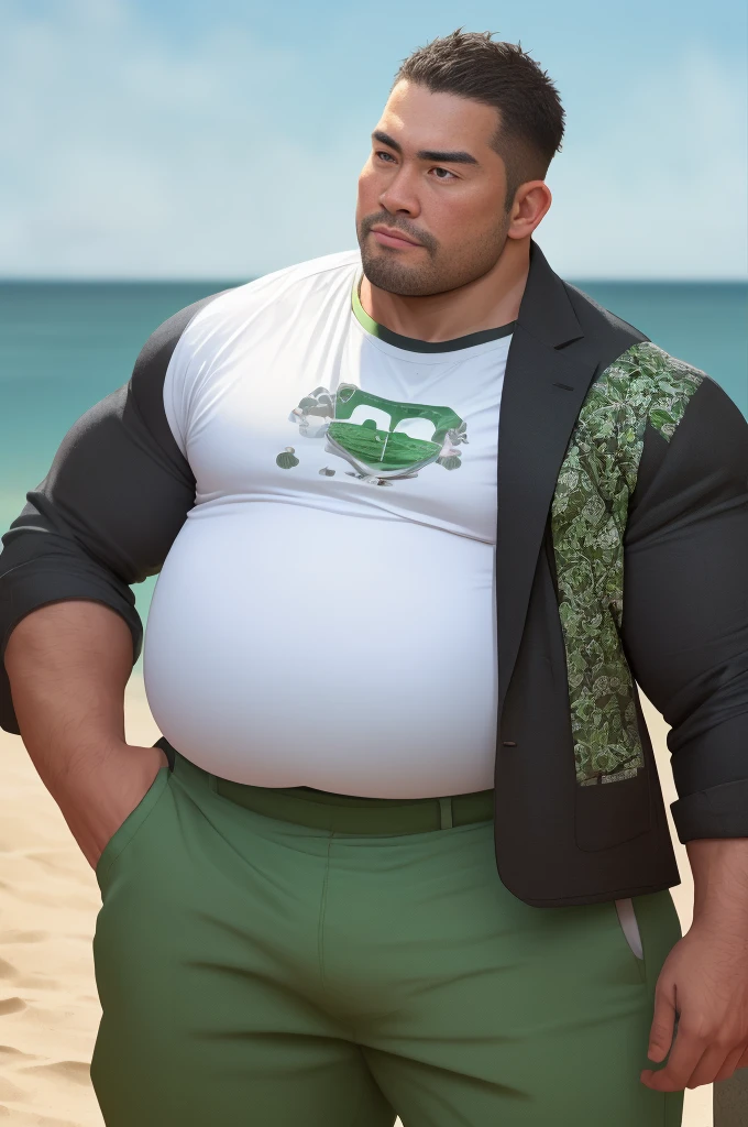 An award-winning original photo, 1 man, solo, ((41 year old)), George Pei, Chris Redfield, ((daddy)) weaing casual gray T-shirt inside, ( jacket with white and green print outside), (dark black trousers), muscular male, round face, bulge, little obese, tall and hunk, biceps, abs, chest, emotionless face, best quality, masterpiece, dynamic angle, beach in the background, detailed face, volumetric lighting, center focus, from below,(Best quality, A high resolution, Photorealistic), Cinematic lighting, Masterpiece, RAW photo, Intricate details, hdr,