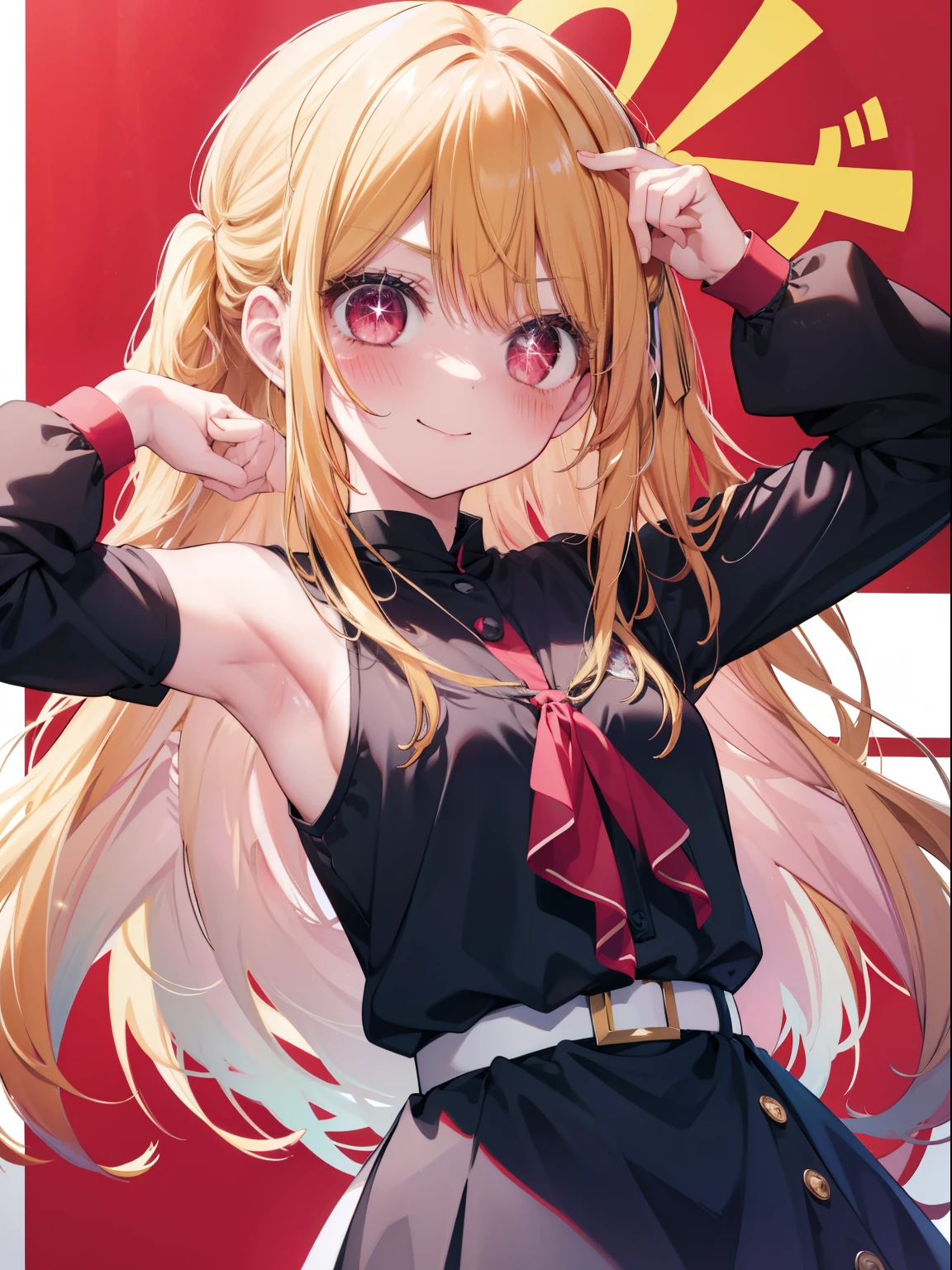 Hoshino Ruby、Good looking girl (Long blonde hair with square bangs, Big Red Eyes, One-eyed star,blush, Perfect Face), independent , looking at the camera, masterpiece, Anime art style, Cute Characters, Most detailed, high quality、Nico Nico Smile、Showing armpits、Blonde、Long Hair、Wearing cute clothes、blue sky