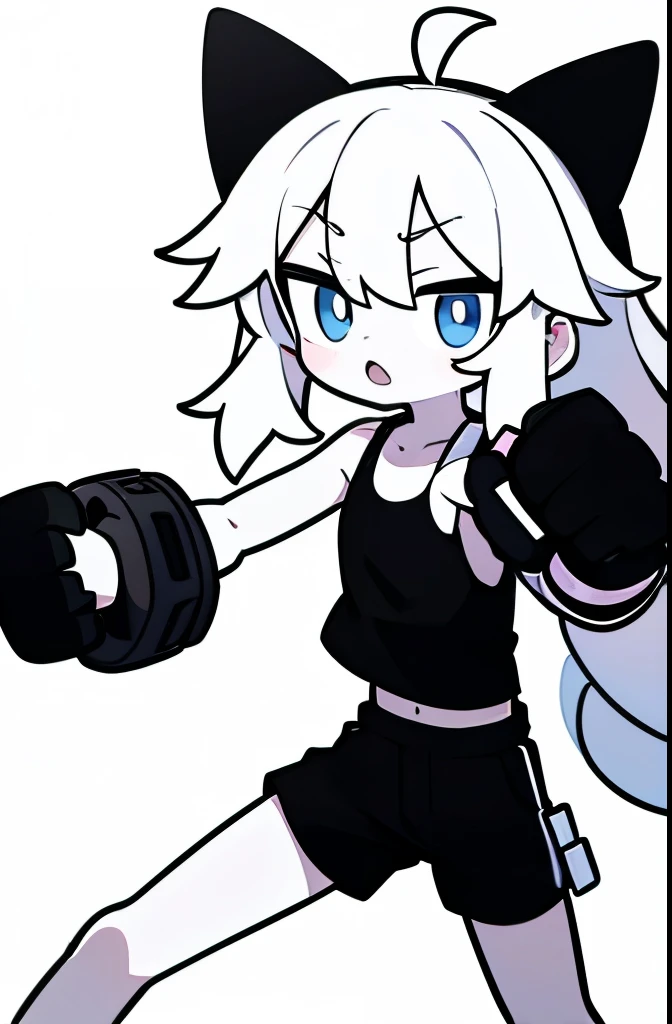kid male, white skin, long wavy white hair, black tank top and black shorts, monochrome art, robot glove fist