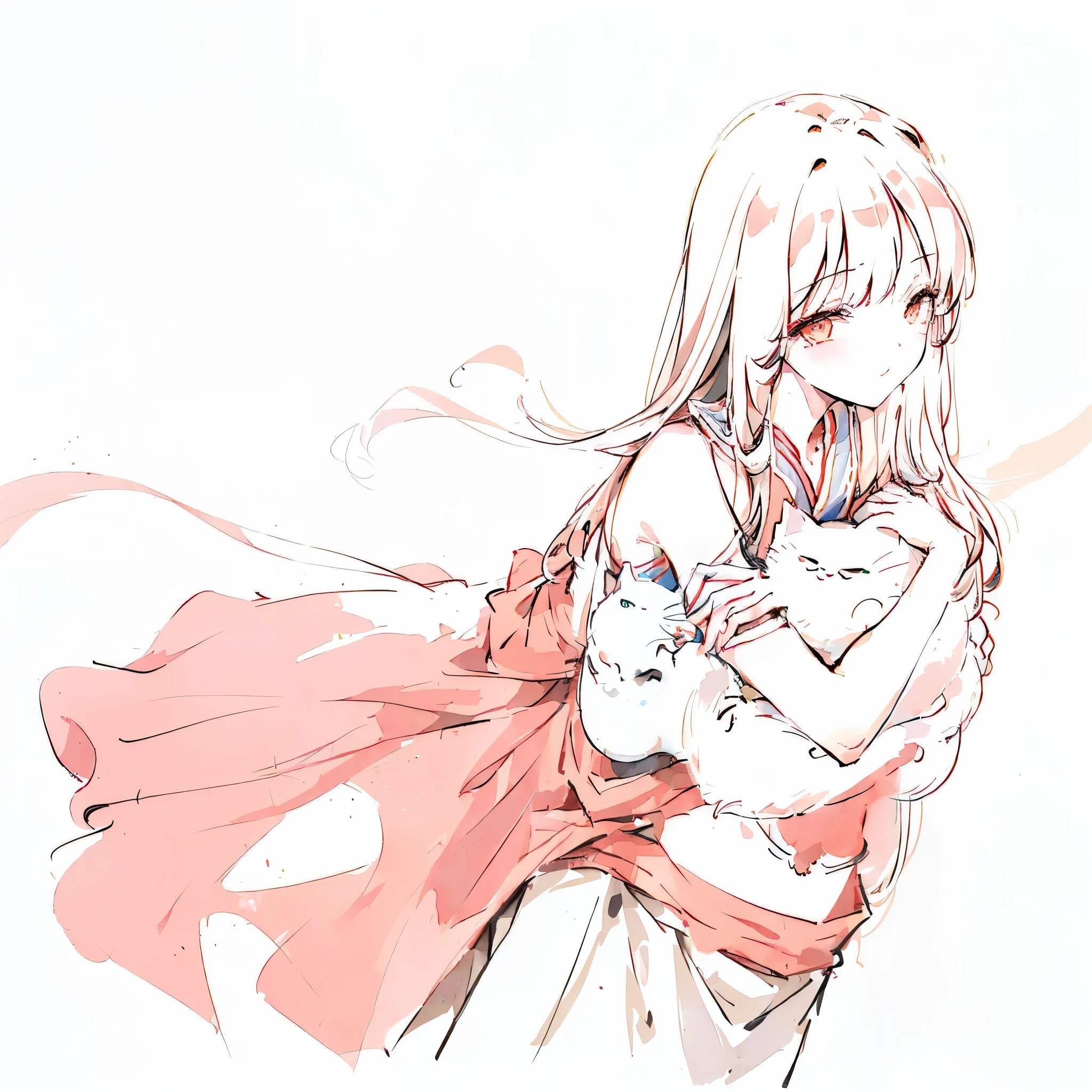 A painting,The painting shows a woman holding a cat in her arms, Line Drawing, 旧sketch, Anime Sketch, sketch, Line Drawing!!, woman and cat, Character design sketch, She holds a cat in her arms, Flat anime-style shadows, Inspired by Morikage Kuju, sketch, Traditional style, inspired by Ryūkōsai Jokei