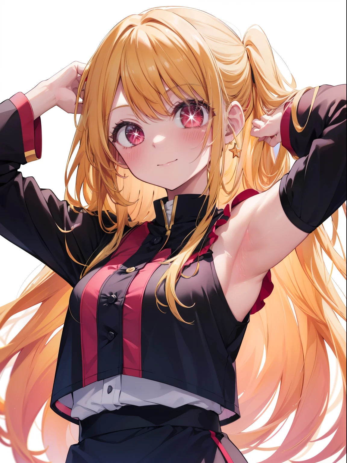 Hoshino Ruby、Good looking girl (Long blonde hair with square bangs, Big Red Eyes, One-eyed star,blush, Perfect Face), independent , looking at the camera, masterpiece, Anime art style, Cute Characters, Most detailed, high quality、Nico Nico Smile、Showing armpits、Blonde、Long Hair、Wearing cute clothes、blue sky