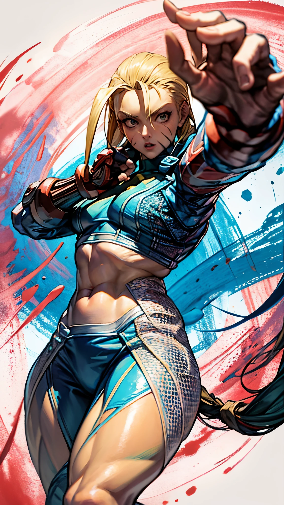 un primer plano de una mujer vestida de verde y rojo, cammy, personaje del juego de lucha street fighter, pose de luchador, pose de pelea, obra de arte de alta calidad, pose de pelea, gyro zeppeli, pose rudo, female protagonist, in pose de luchadors, personaje de king of luchadores, ella esta lista para pelear, akalí, arte de personajes de videojuegos, como personaje de tekken, obra maestra, Mejor calidad, (Fondo de pantalla CG unity 8k extremadamente detallado), (Mejor calidad), (best illustration), (mejor sombra), absurdos, Realistic lighting, (Abismo), hermoso brillo detallado, arte de PeterMohrBacher