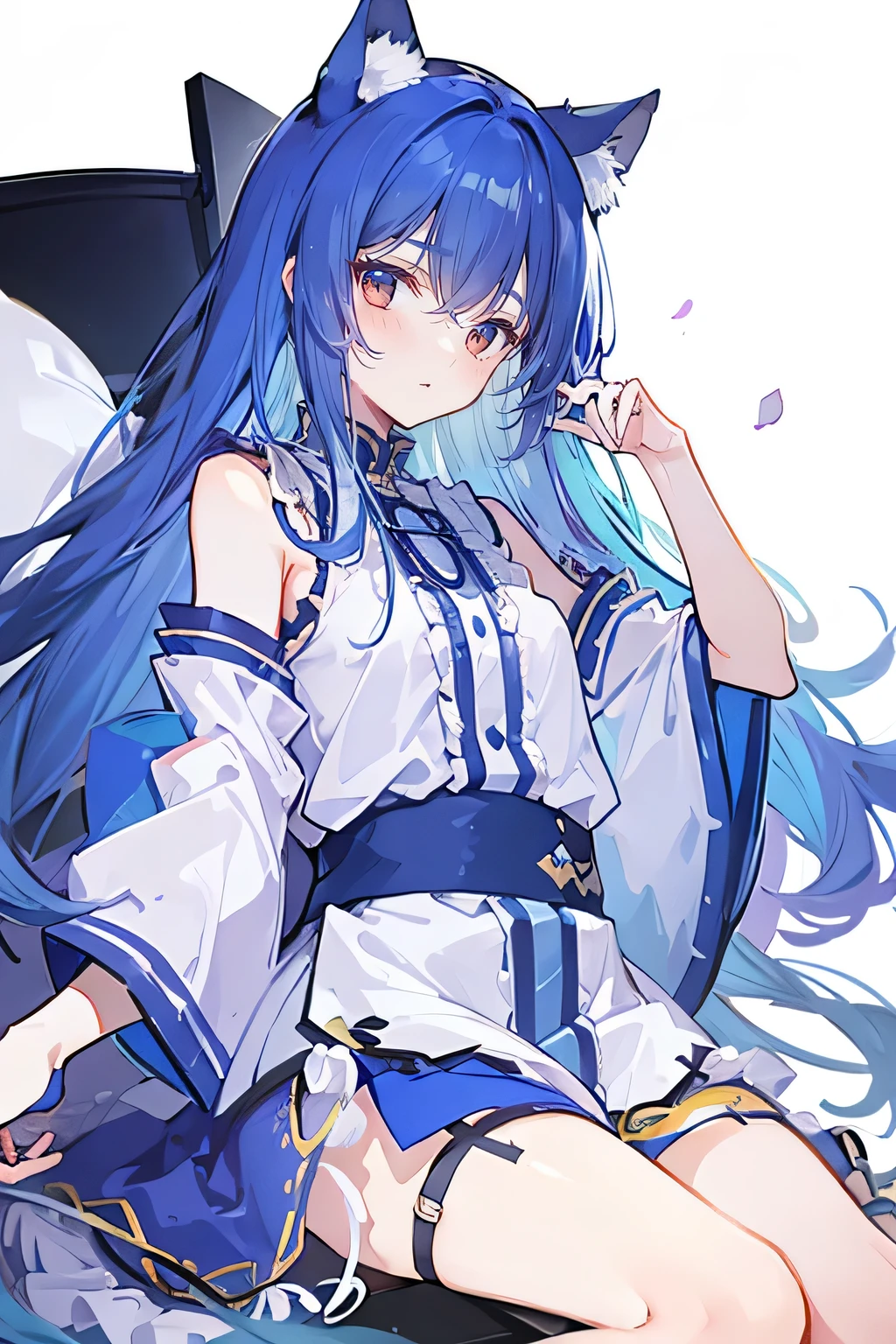 （masterpiece：1.2），Super detailed，lifelike，Expressive eyes，fair skin，perfect face shape，1 girl，
Japanese comics,Gorgeous blue hair,flowing blue hair,flowing clothes,Cat ears,Petals fall,beautiful lola,Baby Angel,
Shaking head with one hand，Lying gracefully on the ground，Cross your legs，Gentle and peaceful background，The pavilion is cool and comfortable,dark blue eyes.