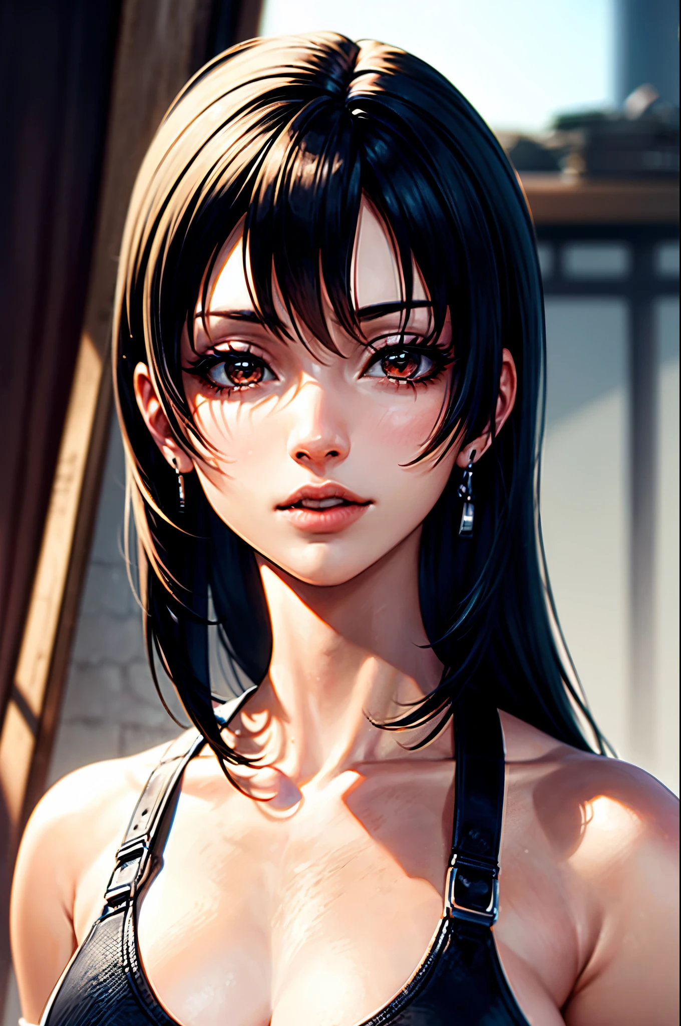 (((obra maestra))), (((mejor calidad))), Chica anime con pelo largo y falda de cuero parada bajo la lluvia., retrato de tifa lockhart, tifa, tifa lockhart, retrato de tifa lockhart, tifa lockheart, seductive retrato de tifa lockhart, glamorosa tifa lockheart, final fantasy vii, Mai Shiranui, final fantasy character, tifa lockhart con el pelo blanco, de ff7