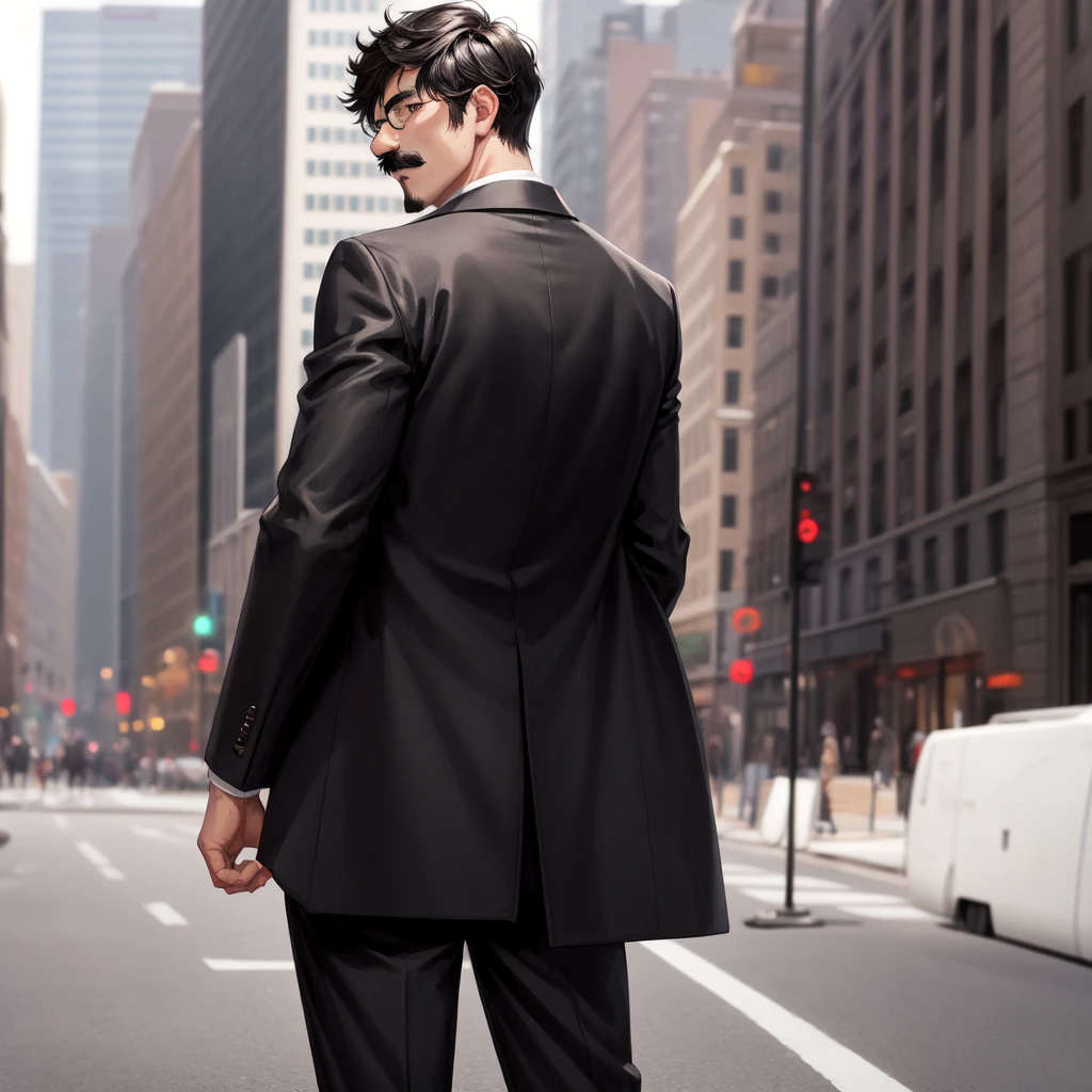 1boy, short black hair, brown eyes, black mustache, wearing all black suit, city, absurdres, high res, ultrasharp, 8K, masterpiece, looking at viewer from behind